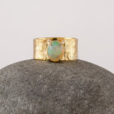 Ethiopian Opal Ring For Women - Handmade Texture Ring - Boho Jewelry - 9x7mm Oval Gemstone - Gold Plated - Sterling Silver